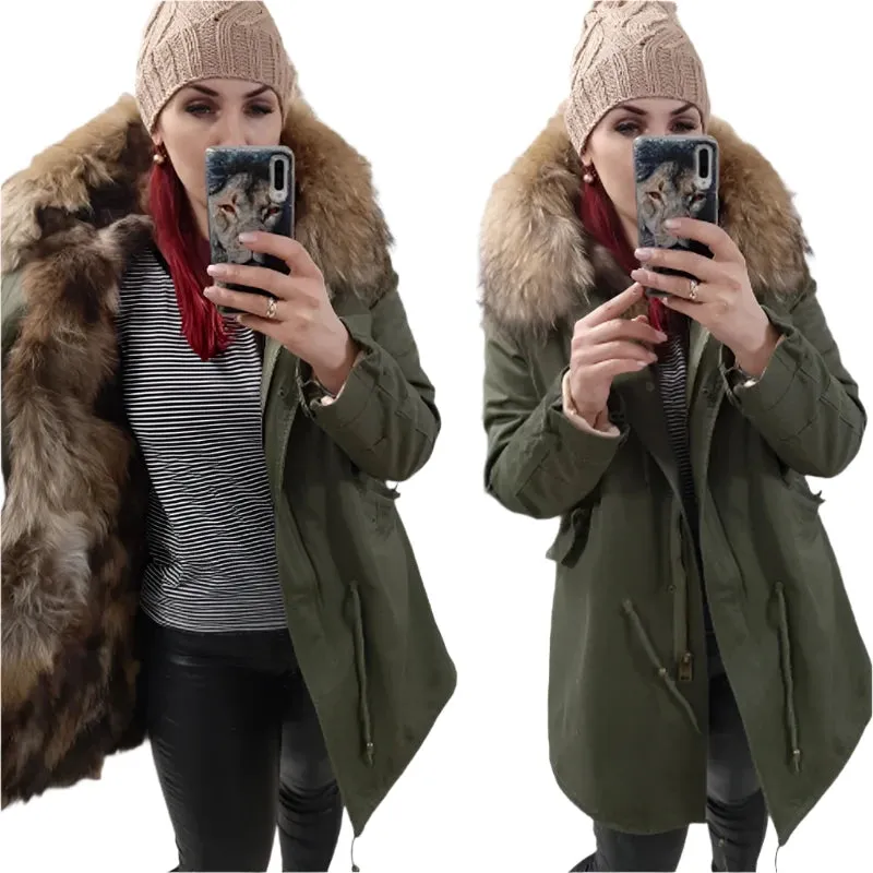 2025 Women's Black Parka with Real Fur Lining - Long Thick Winter Coat with Fox Fur & Raccoon Fur Collar | Hooded & Waterproof