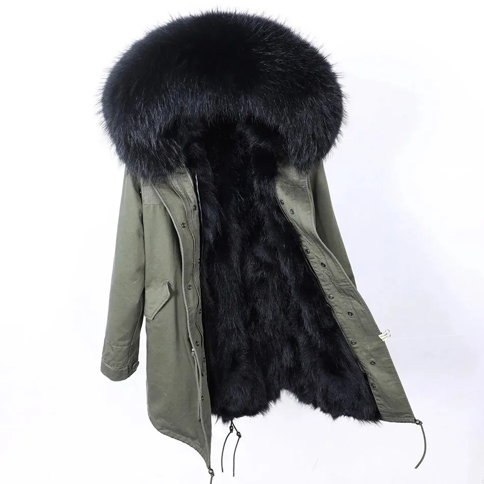 2025 Women's Black Parka with Real Fur Lining - Long Thick Winter Coat with Fox Fur & Raccoon Fur Collar | Hooded & Waterproof