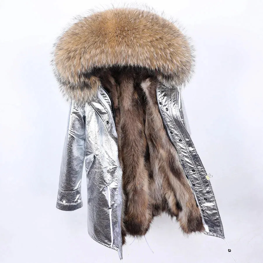 2025 Women's Black Parka with Real Fur Lining - Long Thick Winter Coat with Fox Fur & Raccoon Fur Collar | Hooded & Waterproof