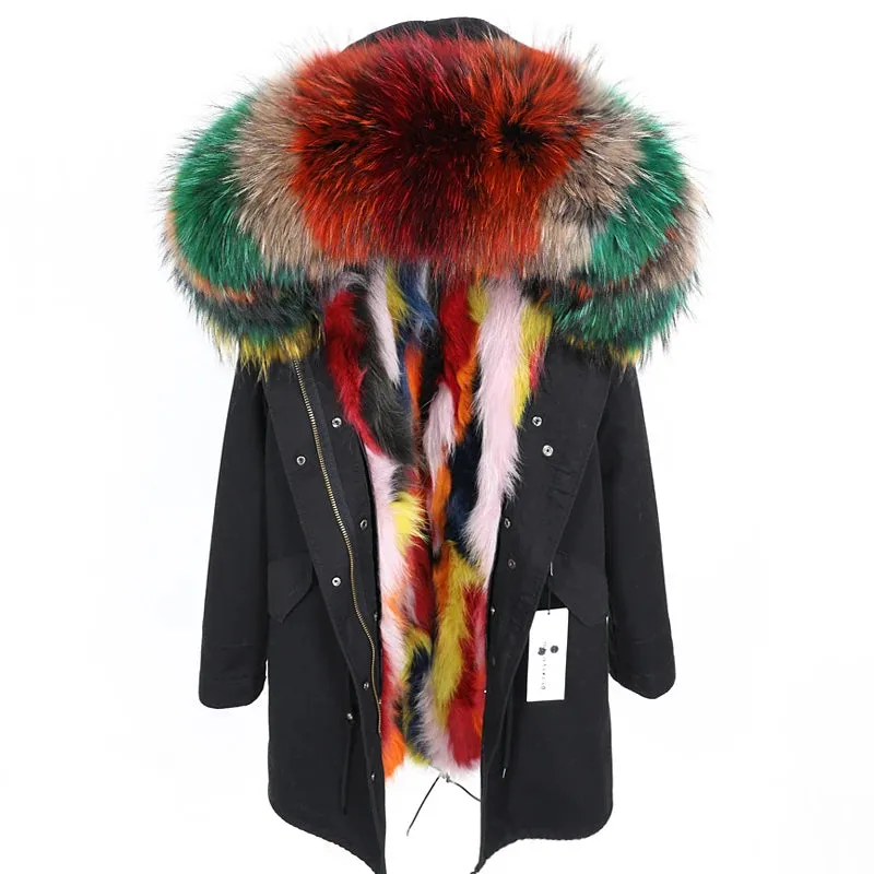 2025 Women's Black Parka with Real Fur Lining - Long Thick Winter Coat with Fox Fur & Raccoon Fur Collar | Hooded & Waterproof
