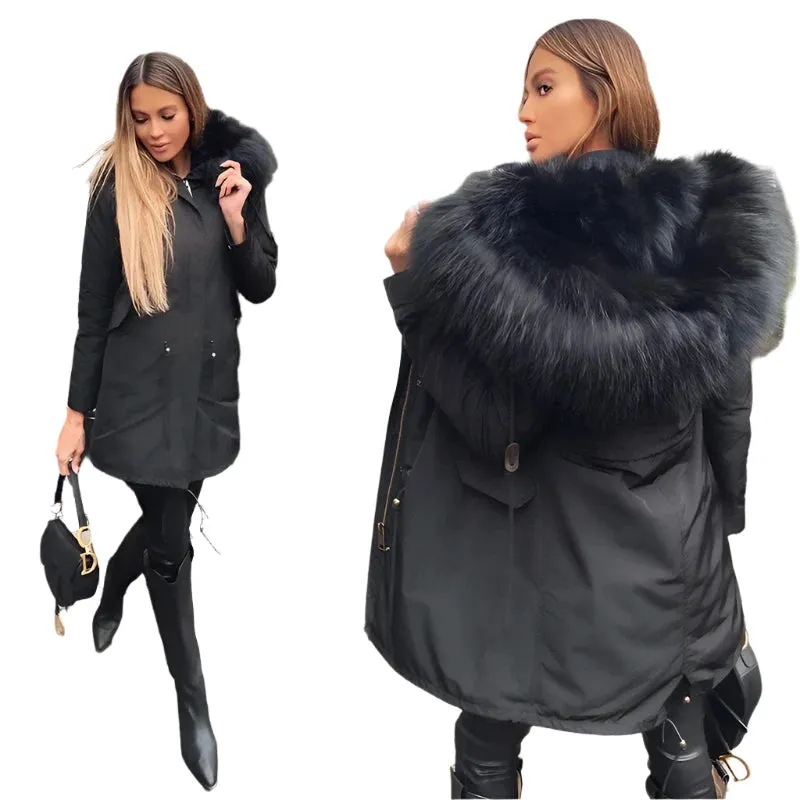 2025 Women's Black Parka with Real Fur Lining - Long Thick Winter Coat with Fox Fur & Raccoon Fur Collar | Hooded & Waterproof
