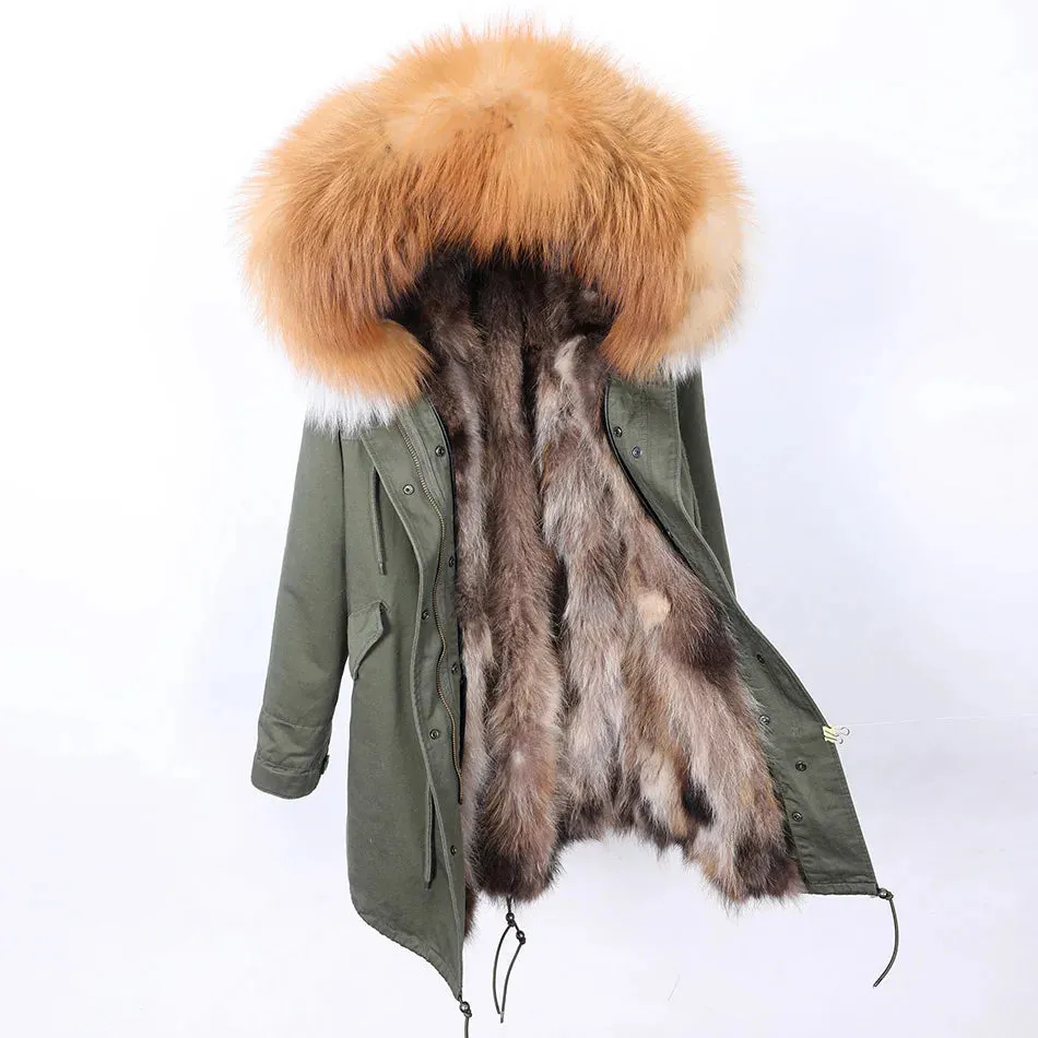 2025 Women's Black Parka with Real Fur Lining - Long Thick Winter Coat with Fox Fur & Raccoon Fur Collar | Hooded & Waterproof