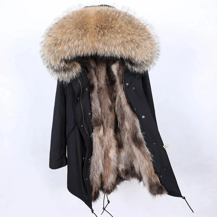 2025 Women's Black Parka with Real Fur Lining - Long Thick Winter Coat with Fox Fur & Raccoon Fur Collar | Hooded & Waterproof