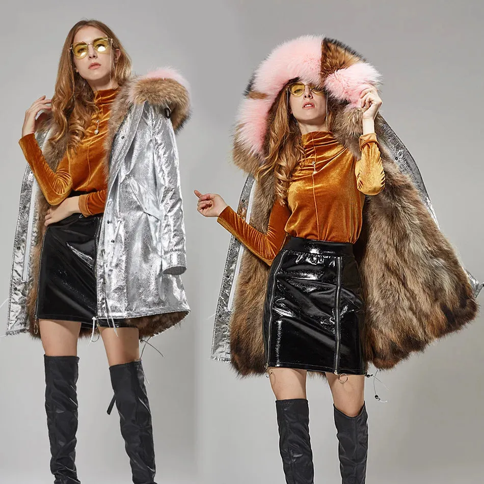 2025 Women's Black Parka with Real Fur Lining - Long Thick Winter Coat with Fox Fur & Raccoon Fur Collar | Hooded & Waterproof