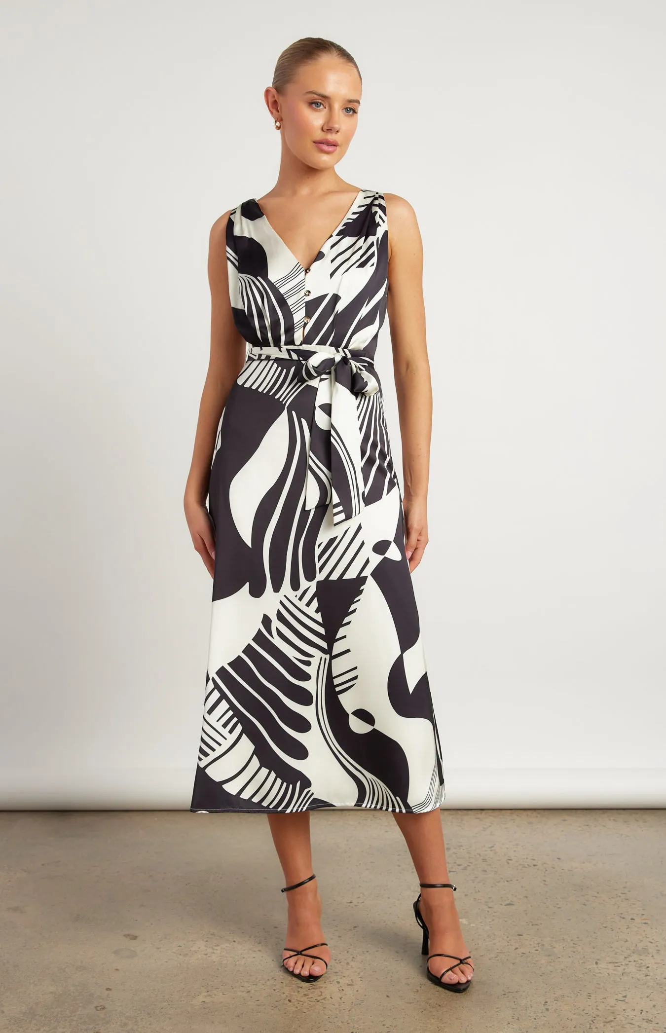 Abstract Printed Satin Midi
Dress with Scarf Feature