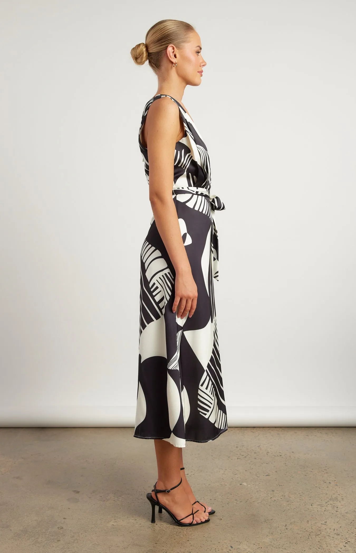 Abstract Printed Satin Midi
Dress with Scarf Feature