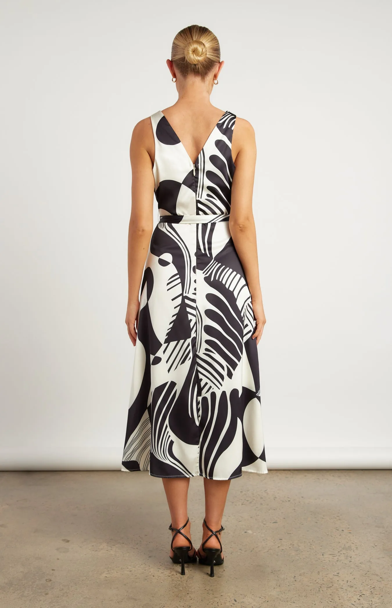 Abstract Printed Satin Midi
Dress with Scarf Feature