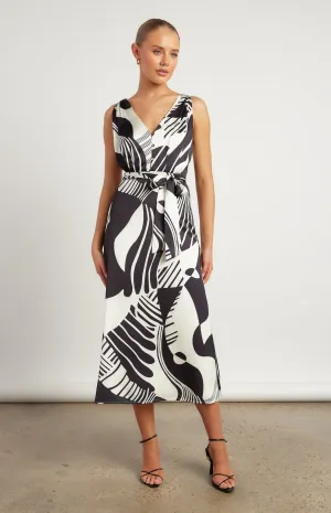 Abstract Printed Satin Midi
Dress with Scarf Feature