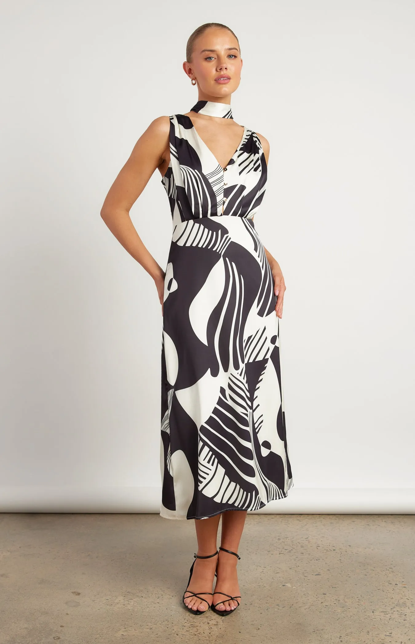 Abstract Printed Satin Midi
Dress with Scarf Feature