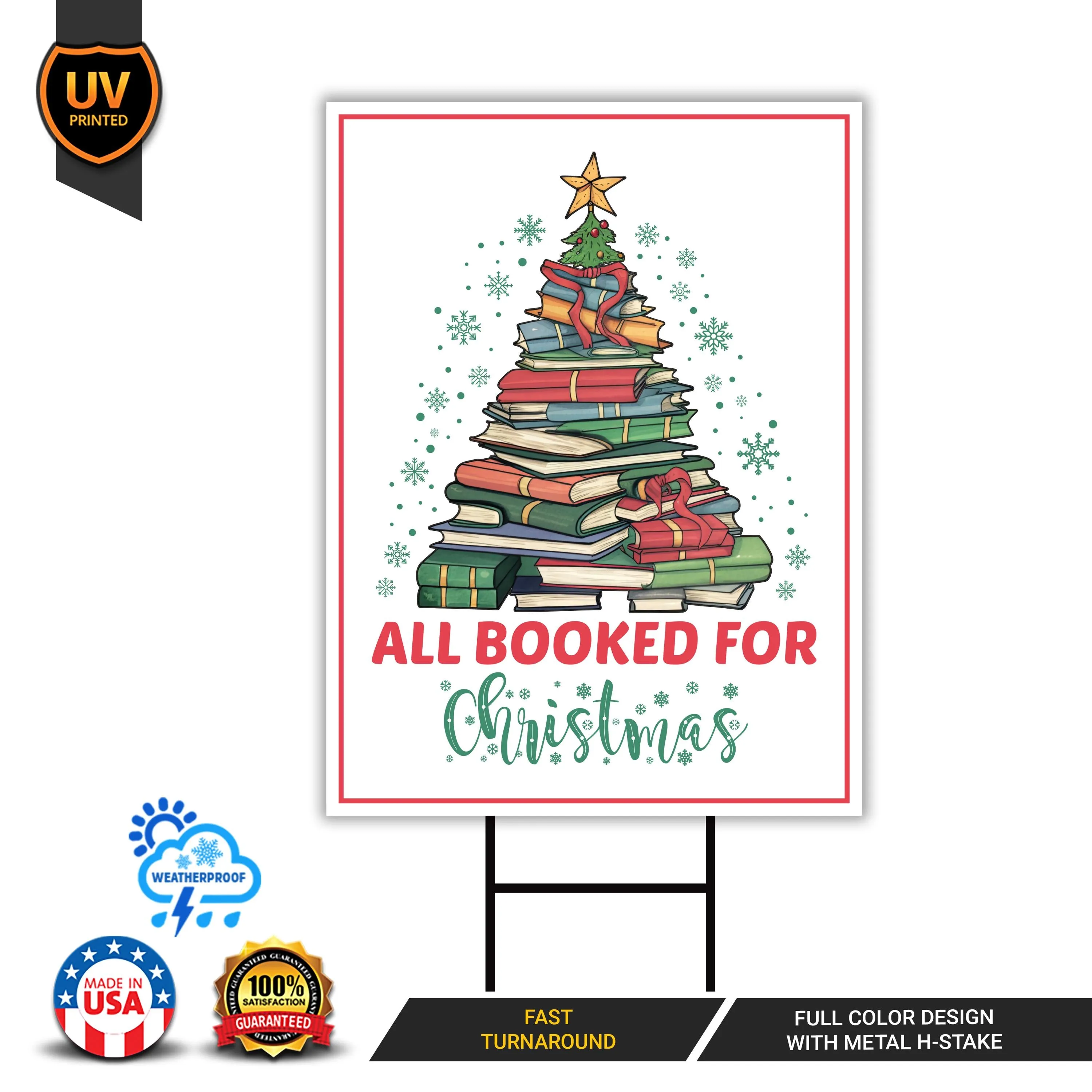 All Booked For Christmas Yard Sign - Christmas Book Tree Lawn Sign, Holiday, Winter, Merry Christmas Welcome Yard Signs with Metal H-Stake