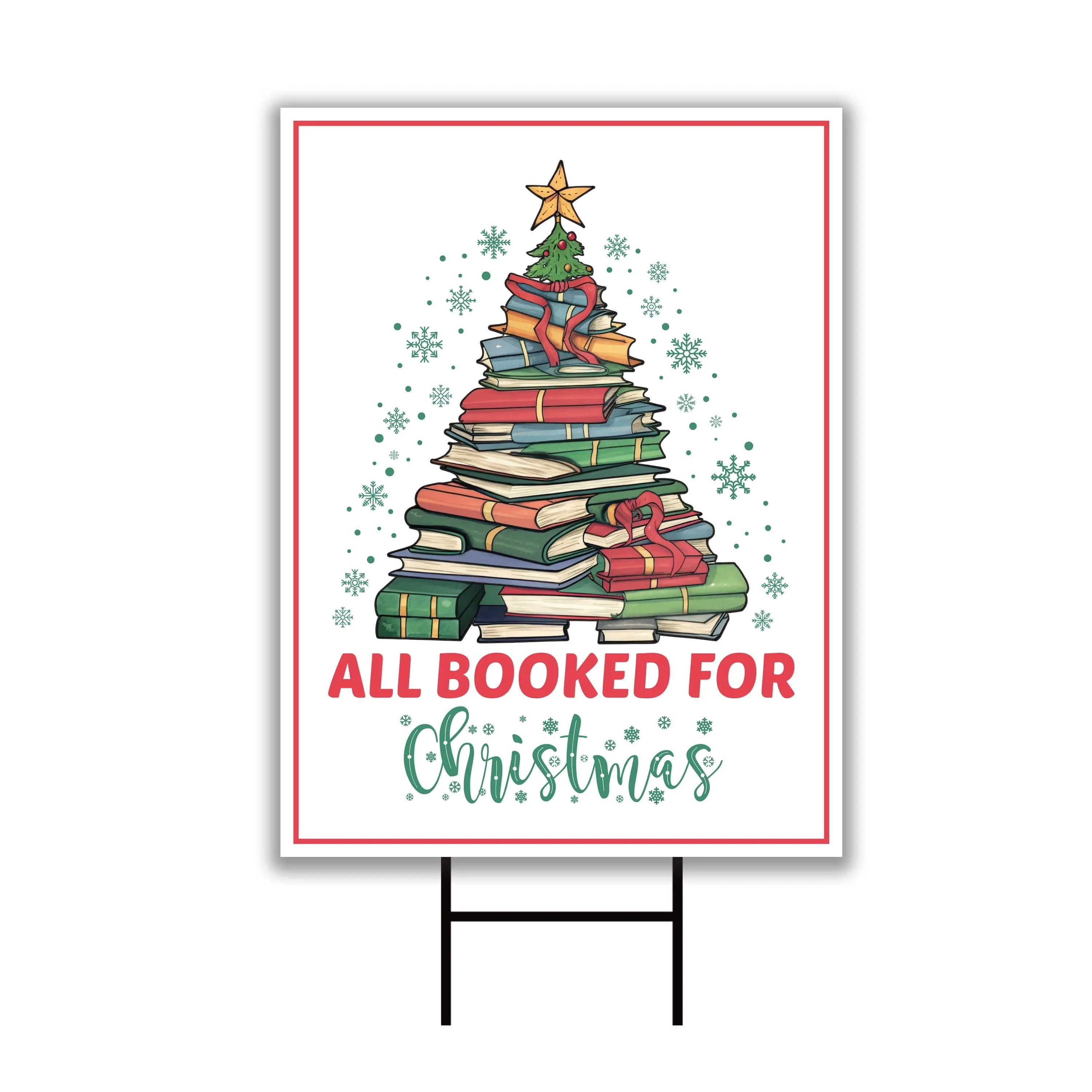 All Booked For Christmas Yard Sign - Christmas Book Tree Lawn Sign, Holiday, Winter, Merry Christmas Welcome Yard Signs with Metal H-Stake
