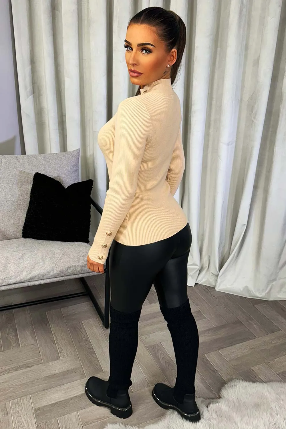 Beige Knitted Ribbed Jumper With Gold Buttons