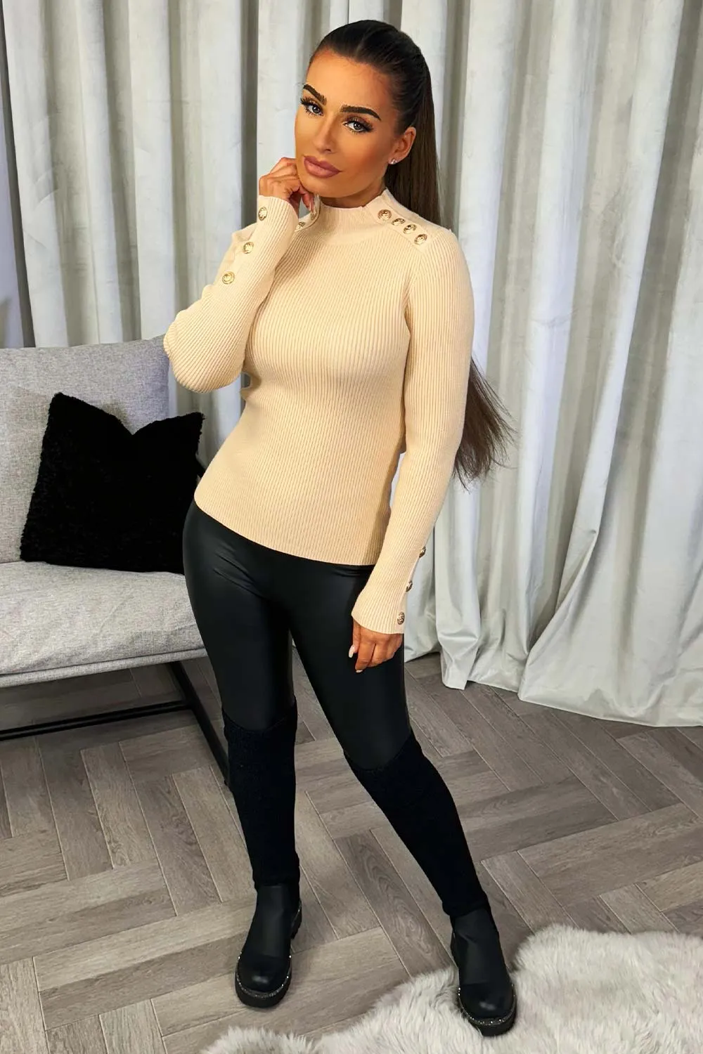 Beige Knitted Ribbed Jumper With Gold Buttons