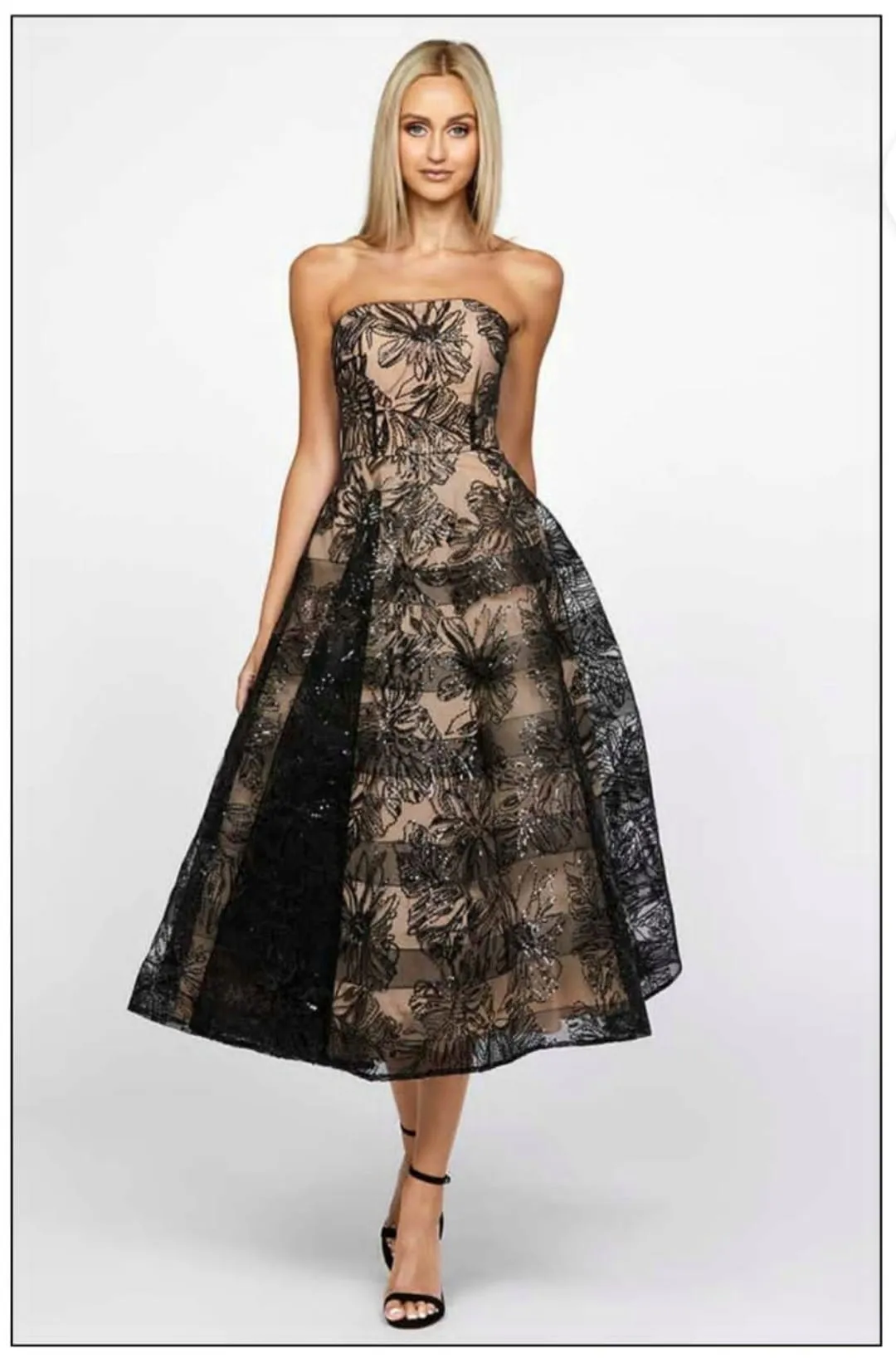 BLACK AND BEIGE SEQUIN MIDI FIT AND FLAIR COCKTAIL DRESS