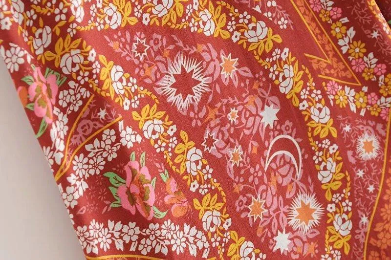 Bohemian Printed Stitching Pocket Flared Pants