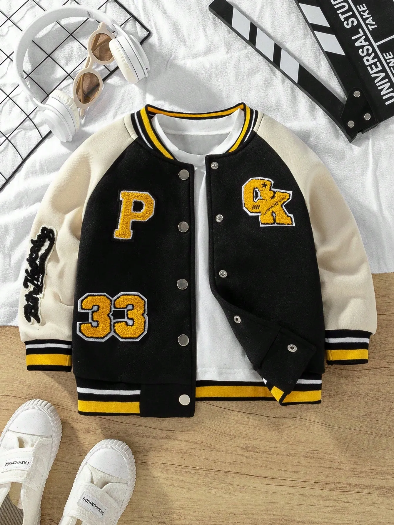 Boys' Street-Style Baseball Jacket | Black Yellow Color Block | Warm & Versatile