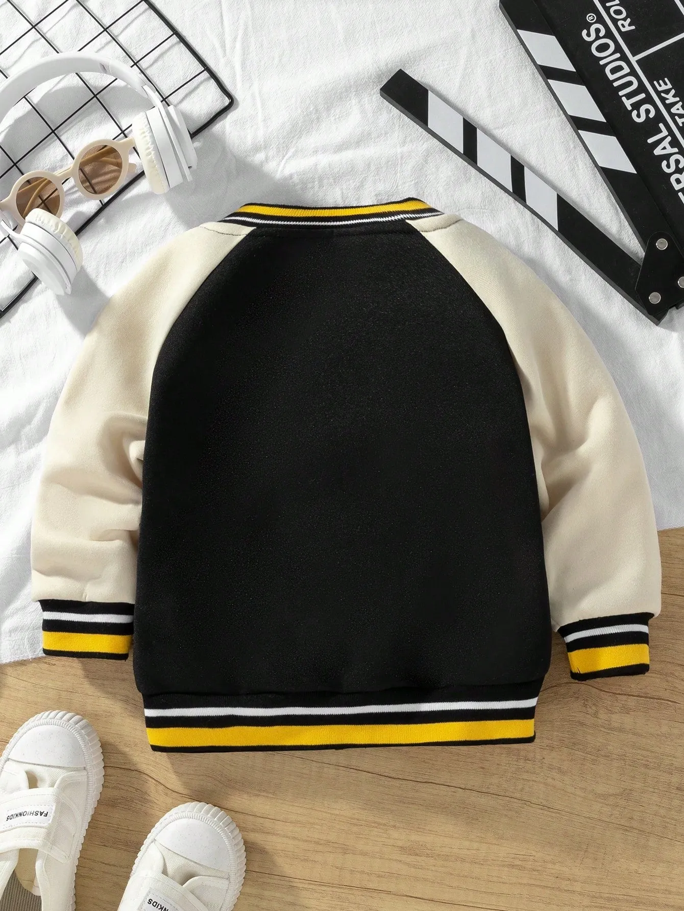 Boys' Street-Style Baseball Jacket | Black Yellow Color Block | Warm & Versatile