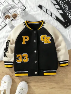 Boys' Street-Style Baseball Jacket | Black Yellow Color Block | Warm & Versatile