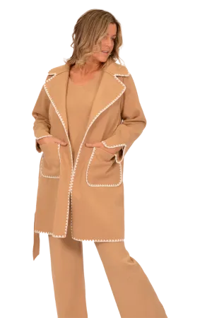 Camel Tie Front Coat with White Trim