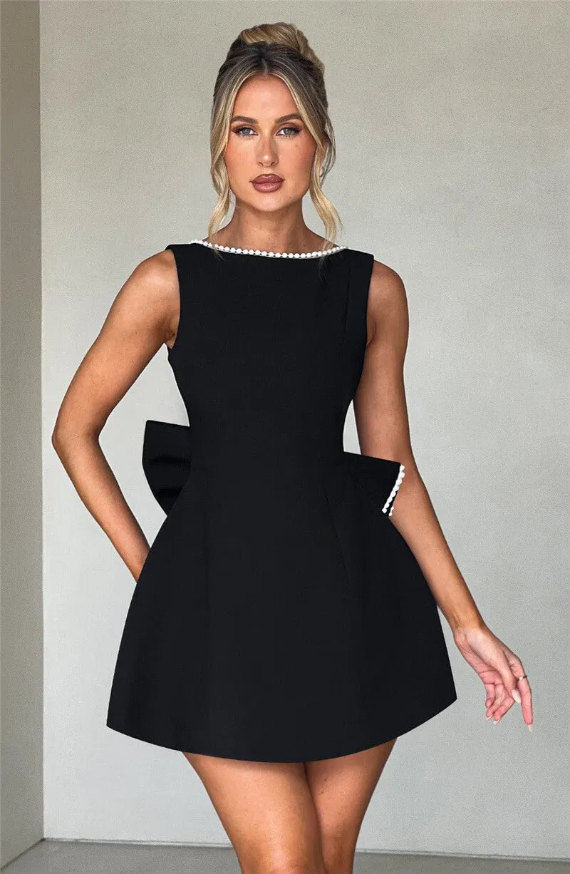 Chantal Pearl Bow Backless Sexy Mini Dress