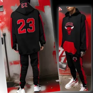 ^CHICAGO 23^ (BLACK-RED) CUT & SEW HOODED SWEATSUITS (PATCH WORK & EMBROIDERY)
