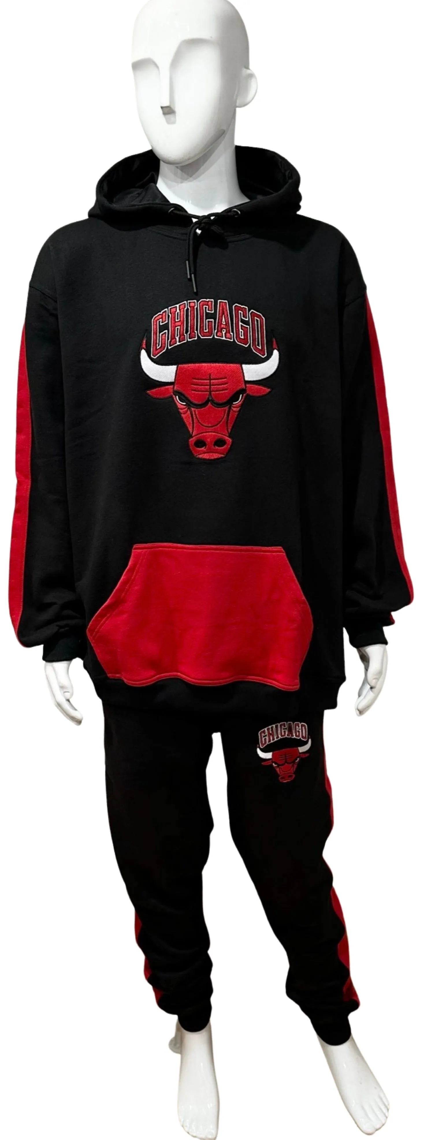 ^CHICAGO 23^ (BLACK-RED) CUT & SEW HOODED SWEATSUITS (PATCH WORK & EMBROIDERY)