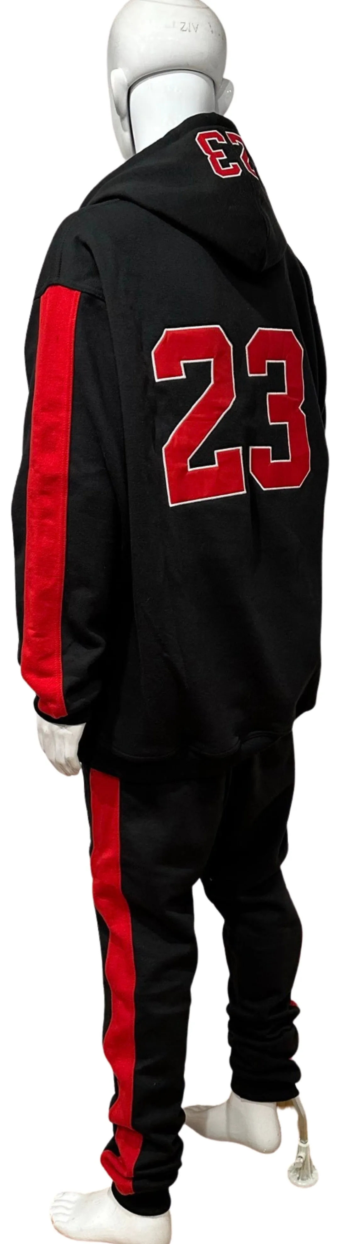 ^CHICAGO 23^ (BLACK-RED) CUT & SEW HOODED SWEATSUITS (PATCH WORK & EMBROIDERY)