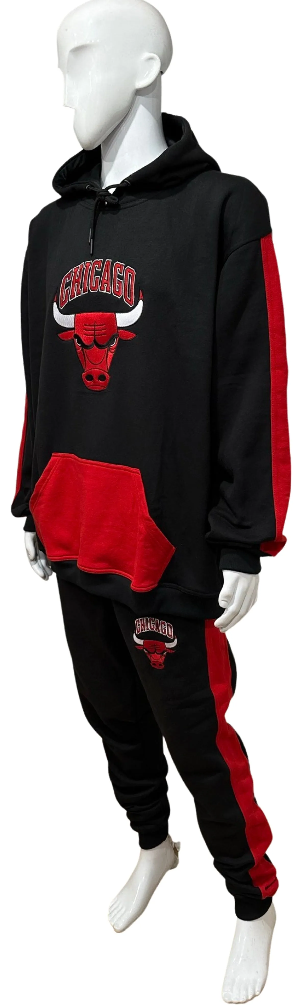 ^CHICAGO 23^ (BLACK-RED) CUT & SEW HOODED SWEATSUITS (PATCH WORK & EMBROIDERY)
