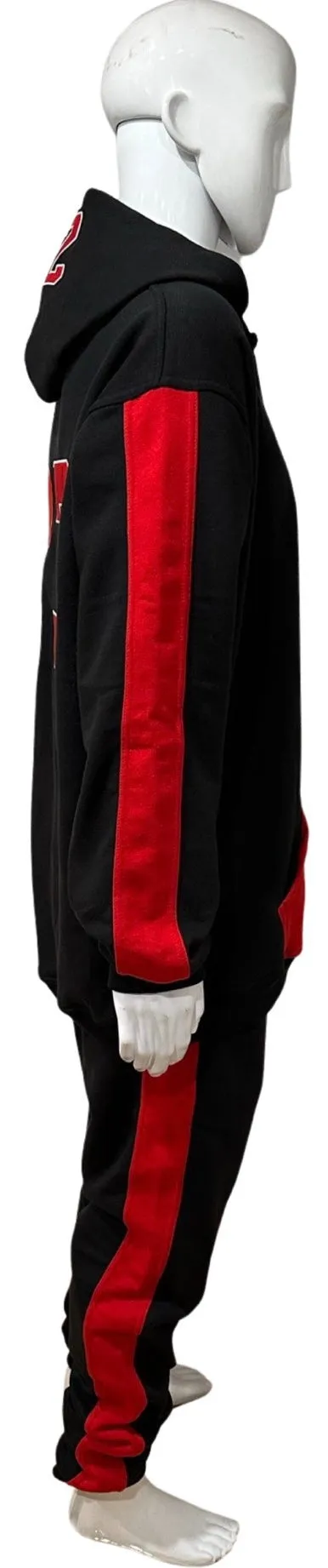^CHICAGO 23^ (BLACK-RED) CUT & SEW HOODED SWEATSUITS (PATCH WORK & EMBROIDERY)
