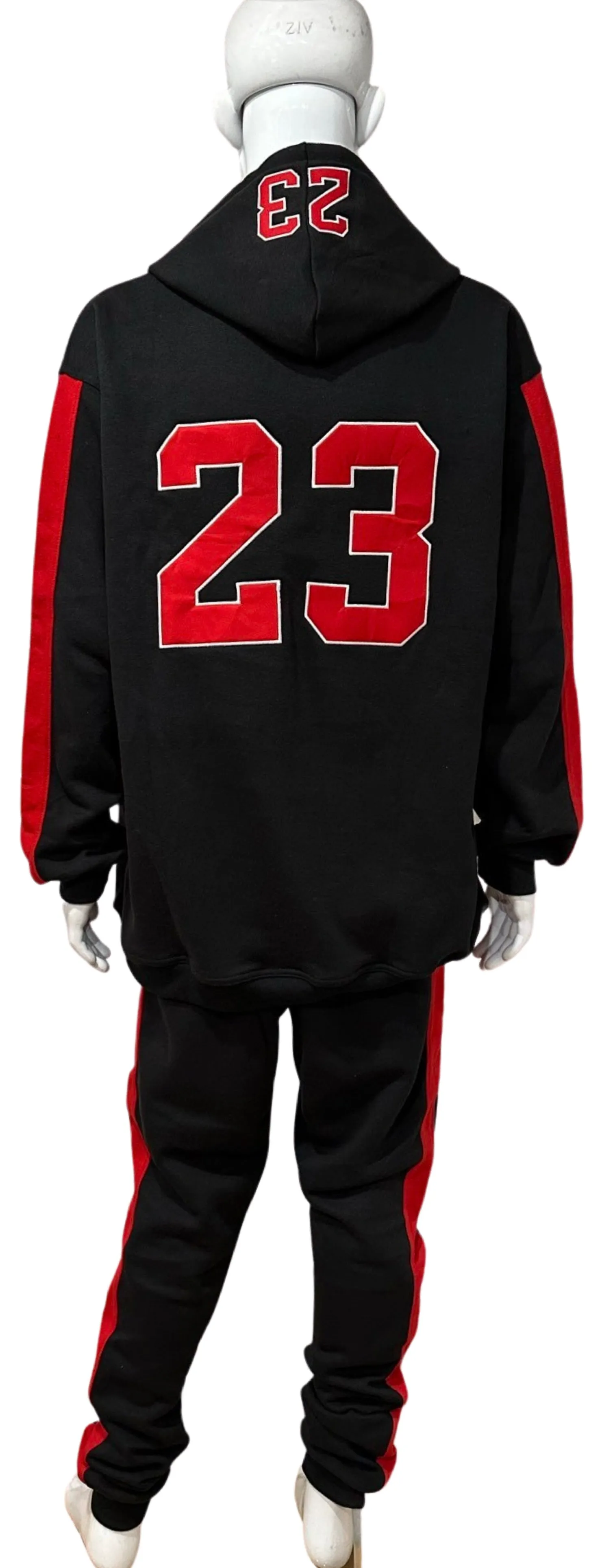 ^CHICAGO 23^ (BLACK-RED) CUT & SEW HOODED SWEATSUITS (PATCH WORK & EMBROIDERY)