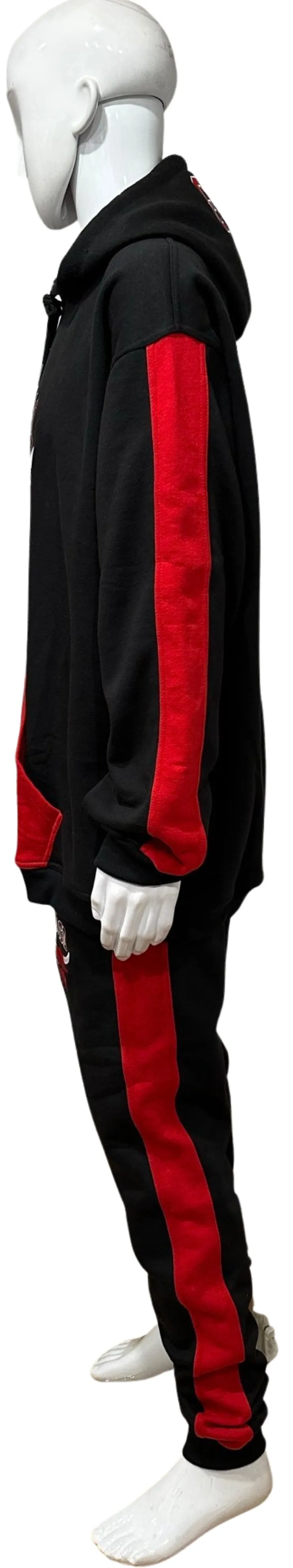 ^CHICAGO 23^ (BLACK-RED) CUT & SEW HOODED SWEATSUITS (PATCH WORK & EMBROIDERY)