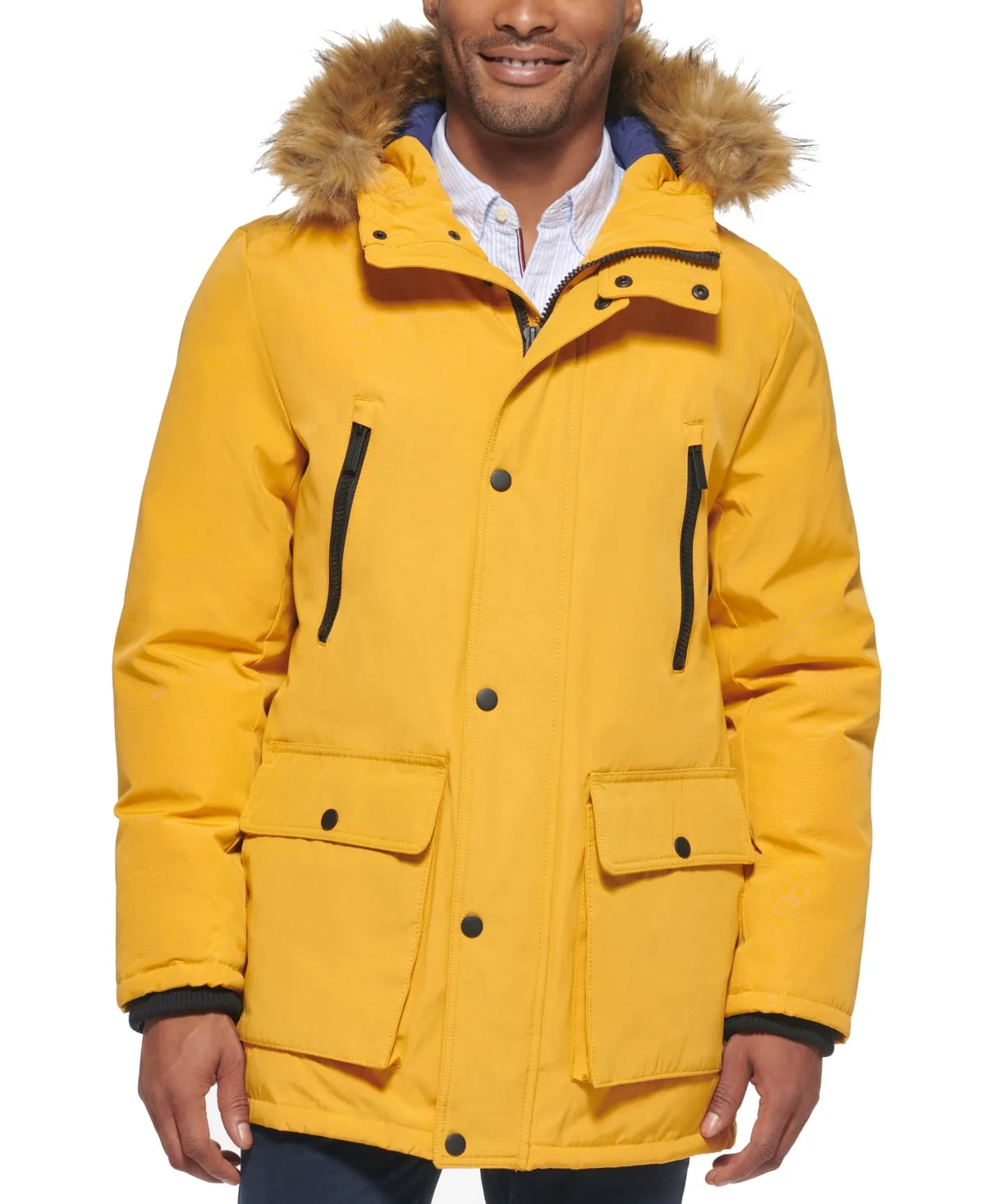 Club Room Mens Parka Coat Small Yellow Fur Trim Solid