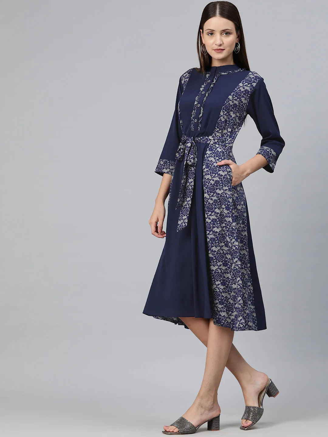 Cottinfab Women Floral Print Ruffled Crepe A-Line Midi Dress