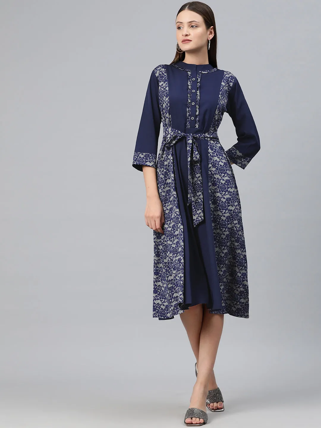 Cottinfab Women Floral Print Ruffled Crepe A-Line Midi Dress