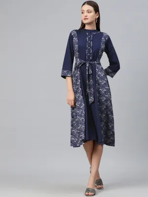 Cottinfab Women Floral Print Ruffled Crepe A-Line Midi Dress