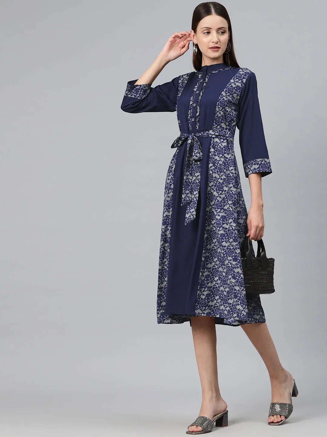 Cottinfab Women Floral Print Ruffled Crepe A-Line Midi Dress