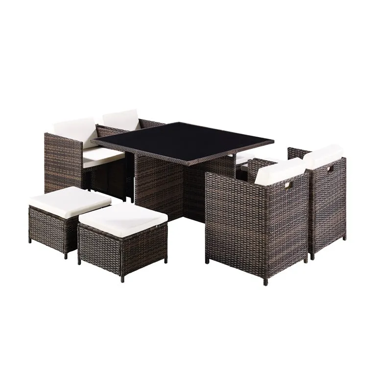 Cube Rattan Garden Furniture 9 Piece Set with Free Cover Included, Brown