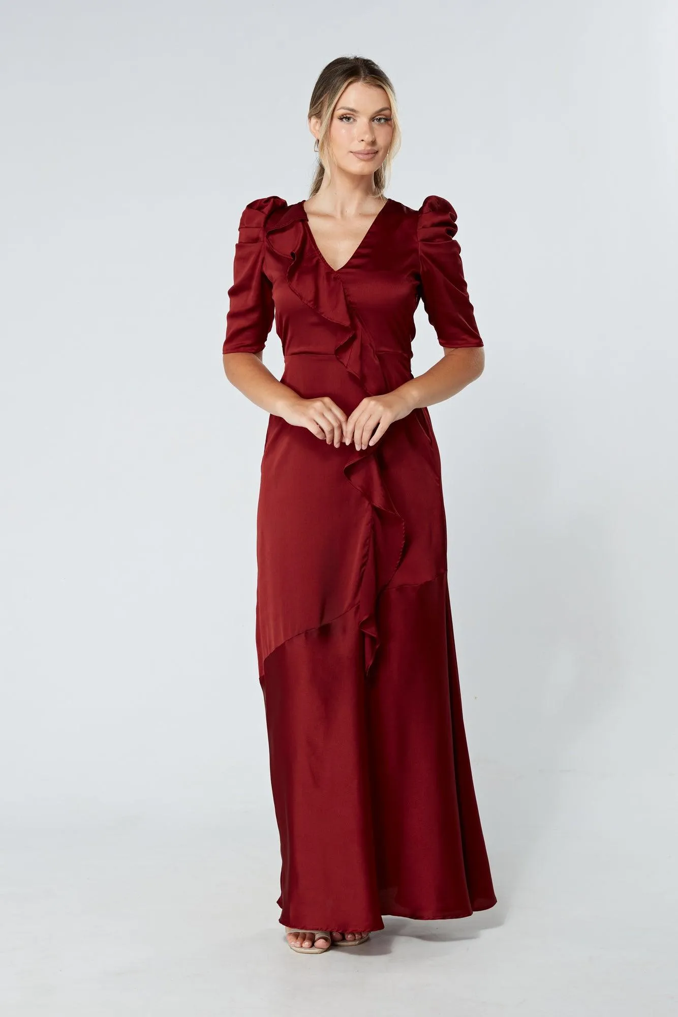 Daisy Copper Red Satin-Feel Crepe Maxi Dress With Ruched Sleeves