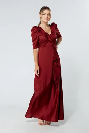 Daisy Copper Red Satin-Feel Crepe Maxi Dress With Ruched Sleeves
