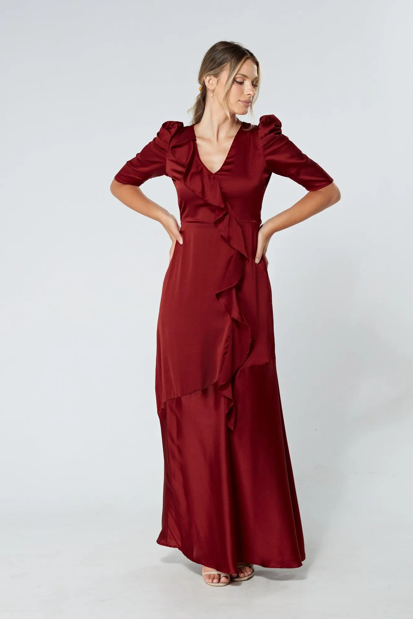 Daisy Copper Red Satin-Feel Crepe Maxi Dress With Ruched Sleeves