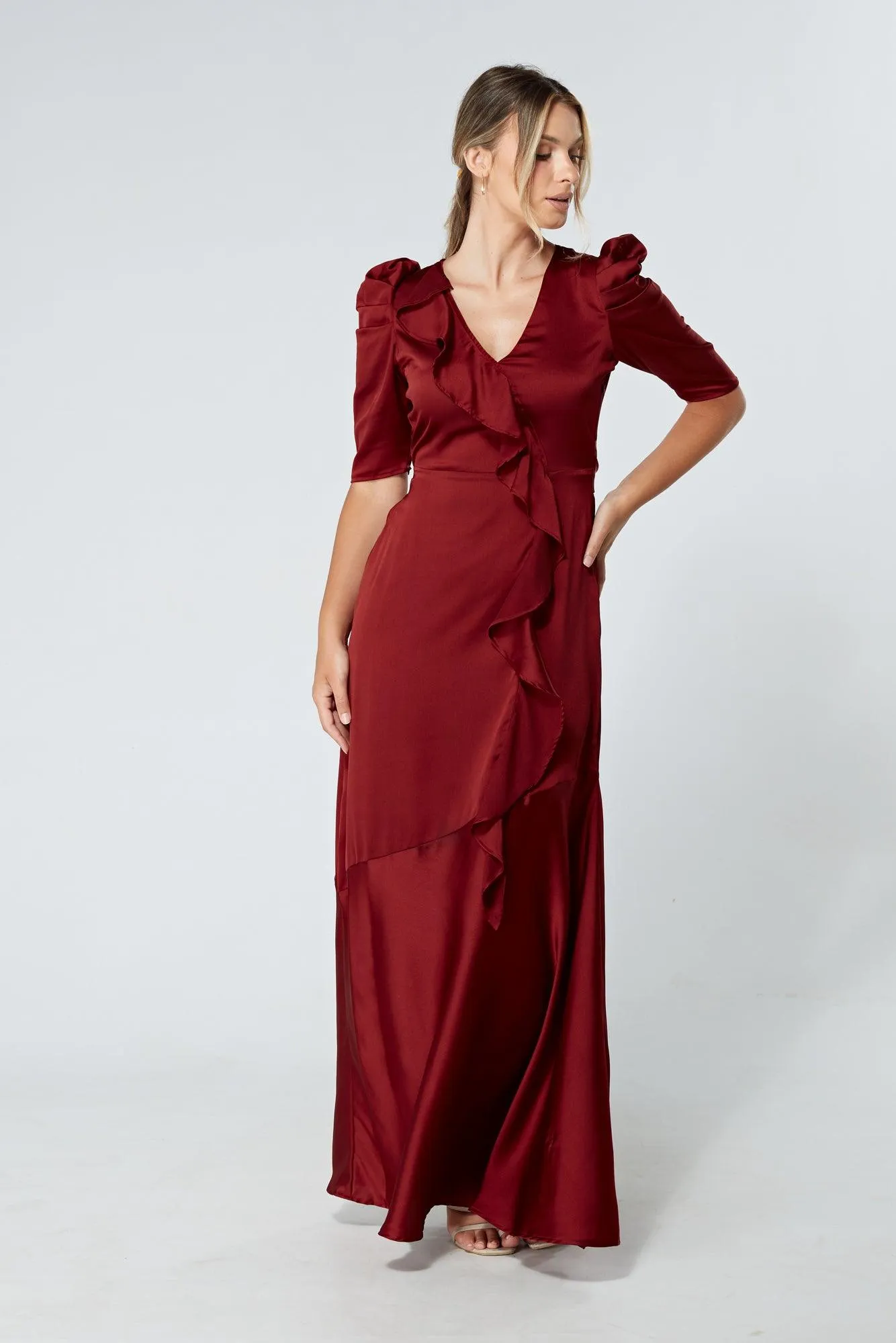 Daisy Copper Red Satin-Feel Crepe Maxi Dress With Ruched Sleeves