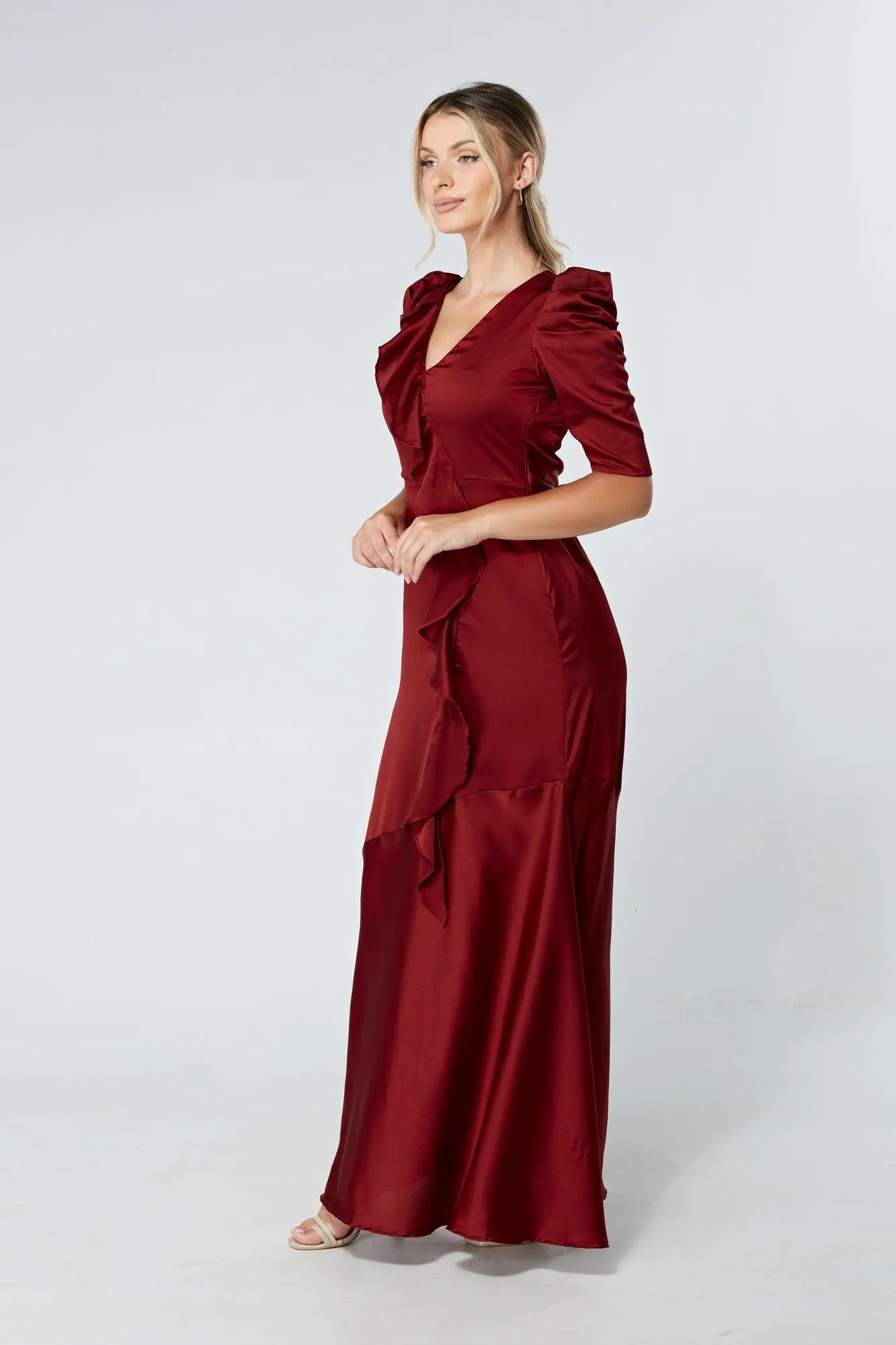 Daisy Copper Red Satin-Feel Crepe Maxi Dress With Ruched Sleeves