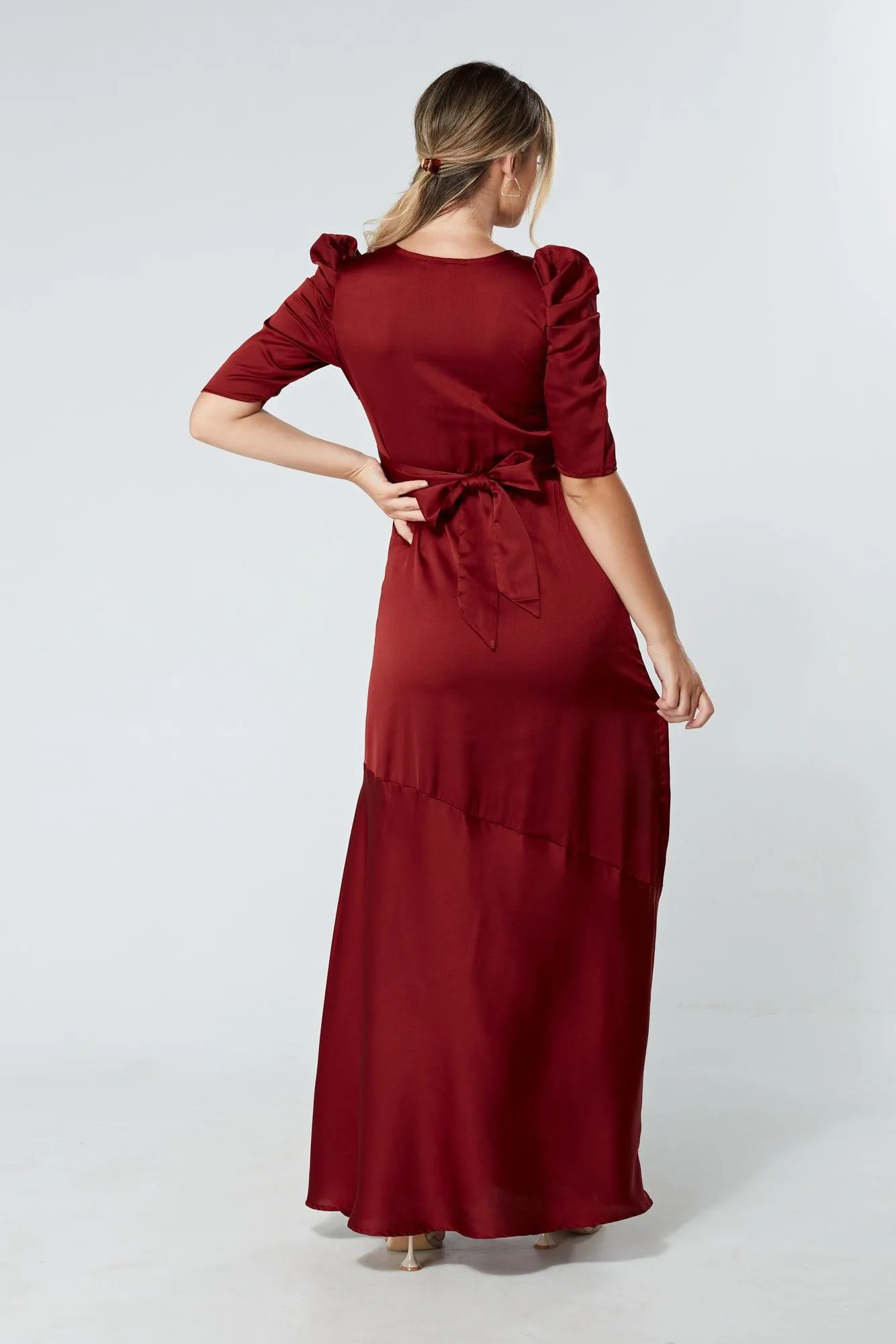 Daisy Copper Red Satin-Feel Crepe Maxi Dress With Ruched Sleeves