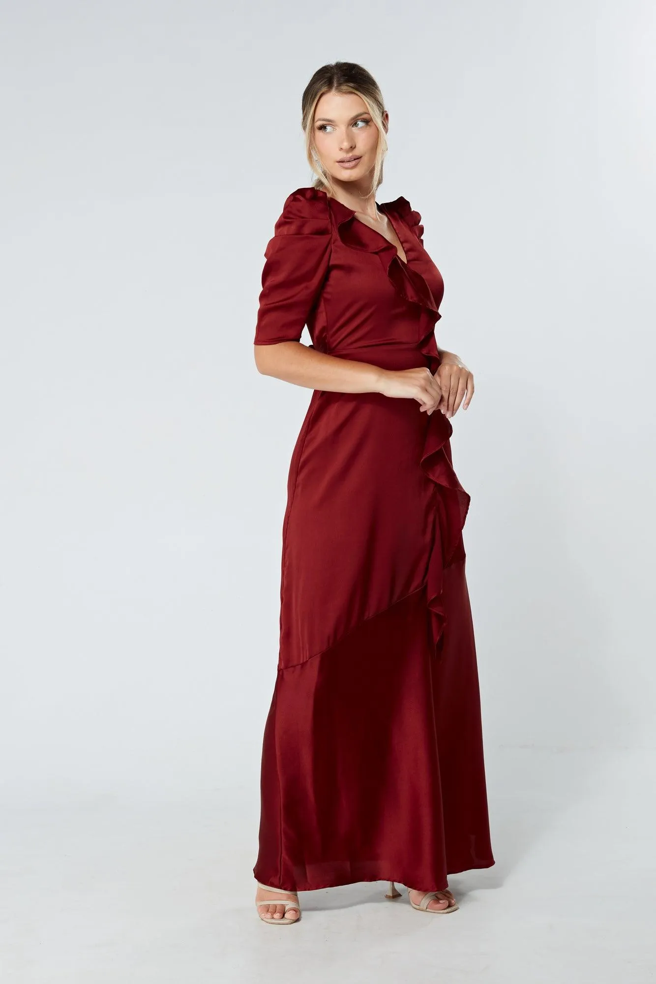 Daisy Copper Red Satin-Feel Crepe Maxi Dress With Ruched Sleeves