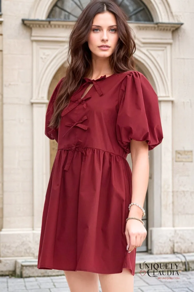 Dalila Puff Sleeves Bow Detail Mini Dress