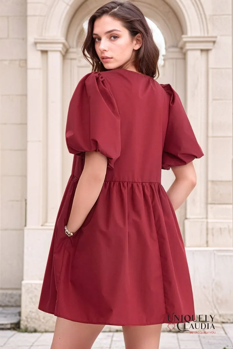 Dalila Puff Sleeves Bow Detail Mini Dress