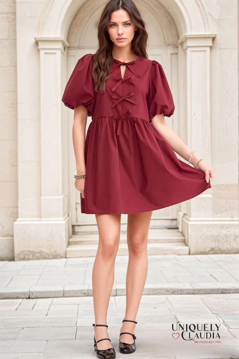 Dalila Puff Sleeves Bow Detail Mini Dress