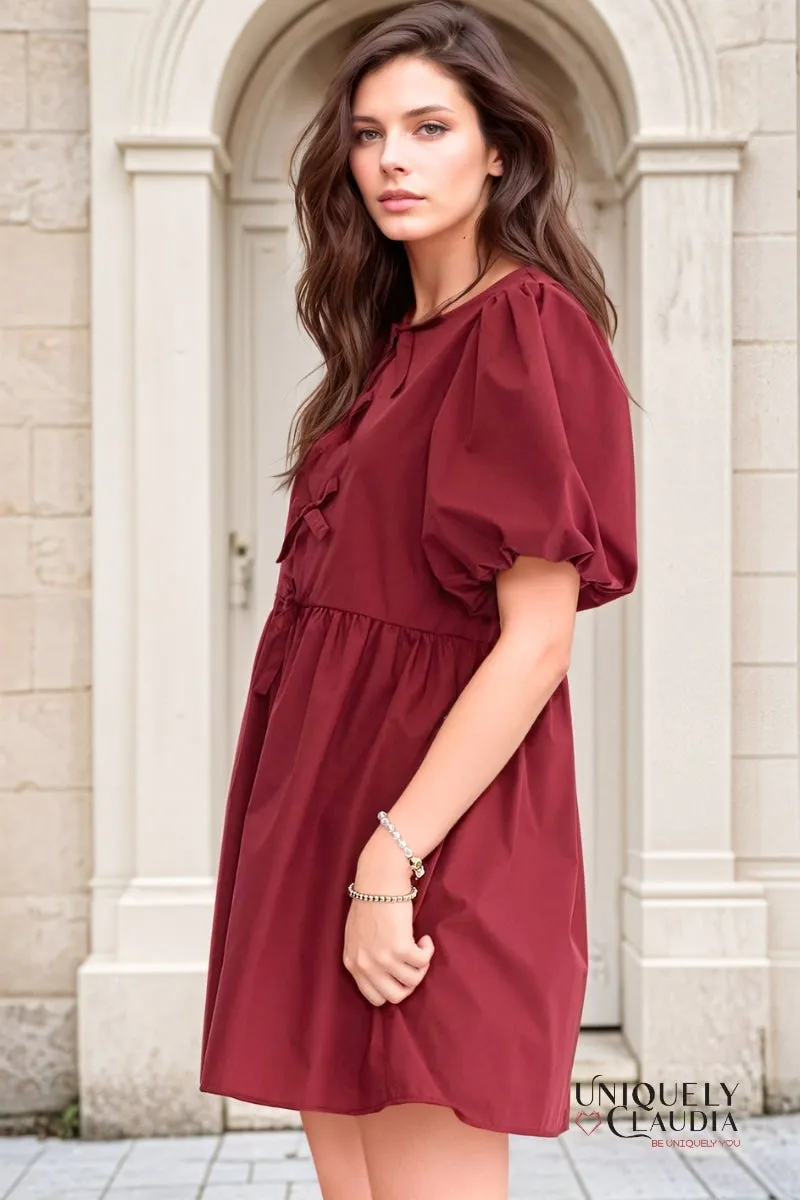Dalila Puff Sleeves Bow Detail Mini Dress