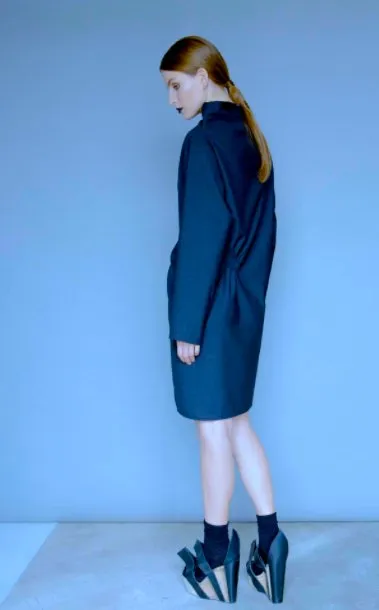 Dark Blue  Wool Diagonal Gathering Dress