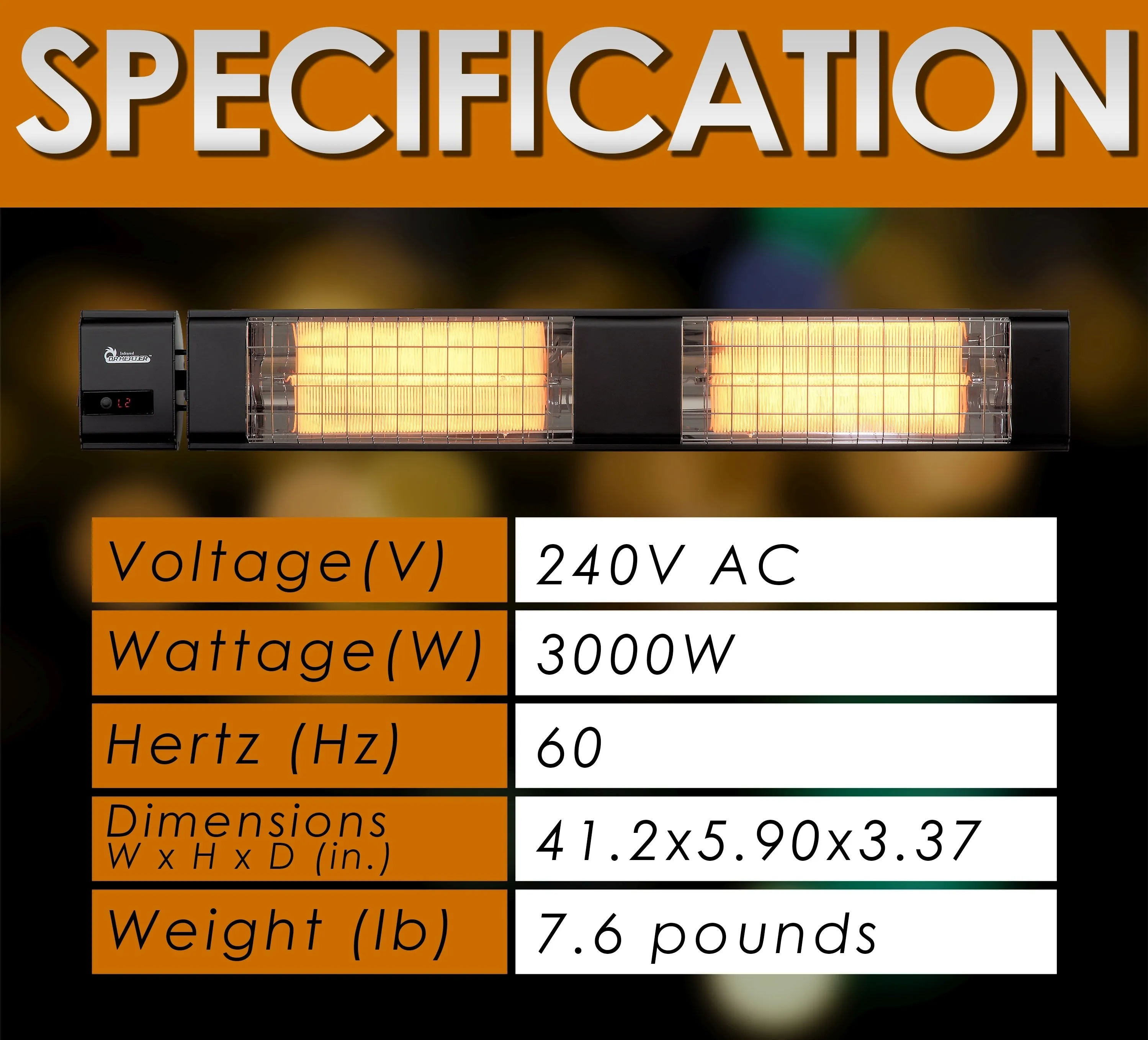 Dr. Infrared Heater DR-239, 10,260 BTU Infrared Heater, Indoor and Outdoor Heater for Patio, Garage, Commercial & Residential, 3000W, 220-240V with Remote, Black